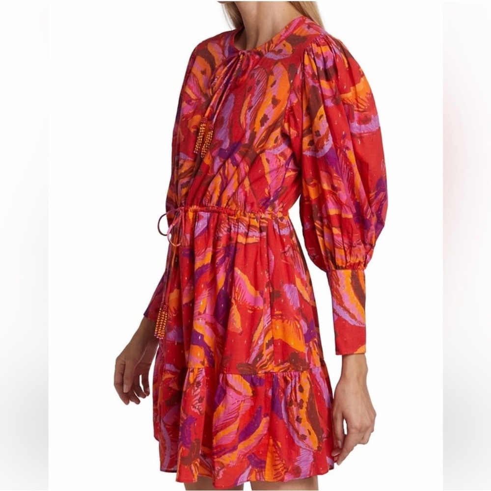 Farm Rio Red Pink Abstract Print Tie Neck Mini Dress Balloon Sleeve Boho Size XS